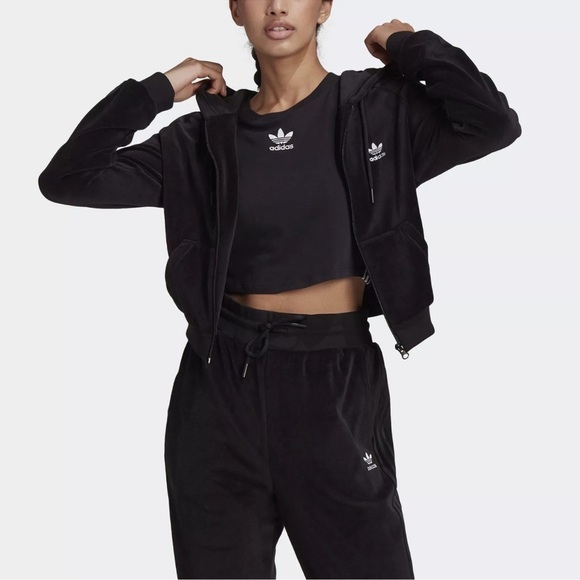 adidas Tops - Adidas Womens size L Black 3-Stripes Velour Loungewear Cropped Full Zip Hoodie